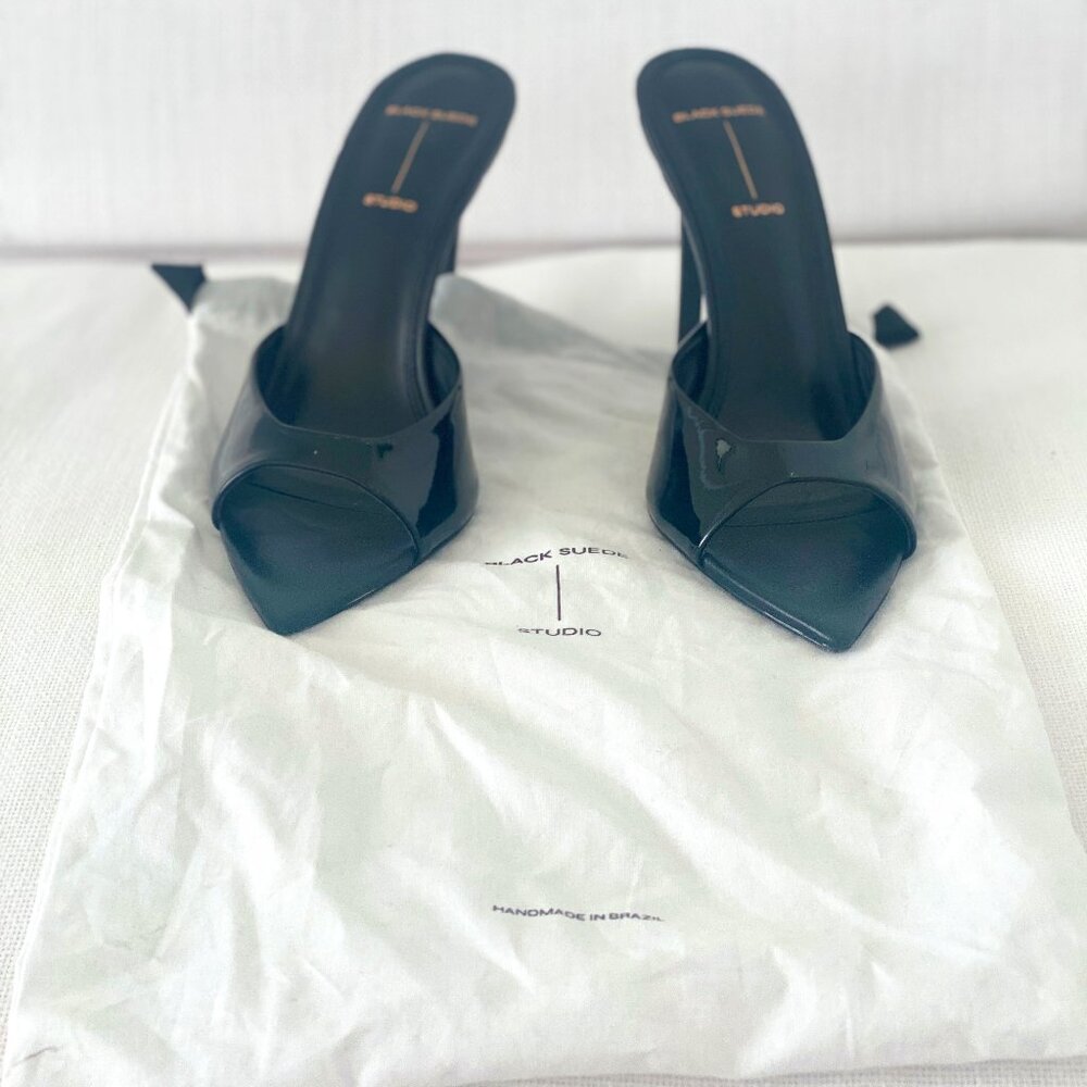 Black Suede Black High Heeled Mules. Size 38 Excellent Condition.